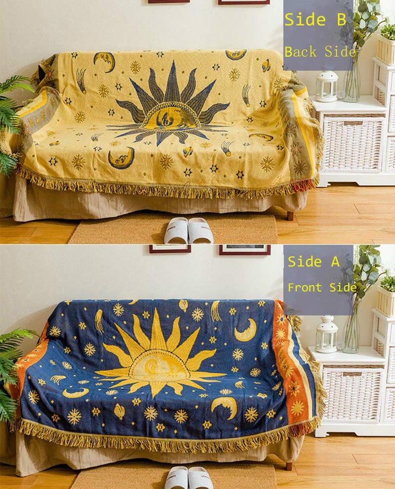 Erke 70" x 90" Sun and Moon Blanket Celestial Couch Sheet Cover Witchy Hippy Home Decoration, Double Sided Cotton Woven Hippie Throws Wicca Blankets for Couch Bed Recliner Decor - Yellow/Blue - Image 4